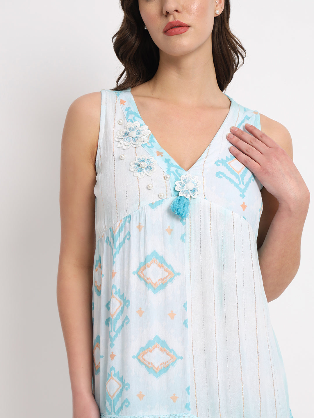Blue Floral Embroidered A Line Mini Dress