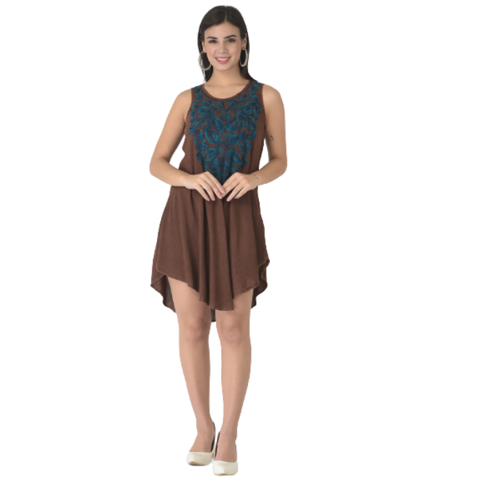 Brown Floral Embroidered A-Line Rayon Dress Veldress Brown Floral Embroidered A-Line Rayon Dress Veldress