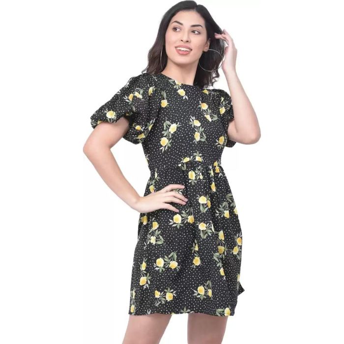 Women Black & Yellow Floral Printed A-Line Dress Women Black & Yellow Floral Printed A-Line Dress