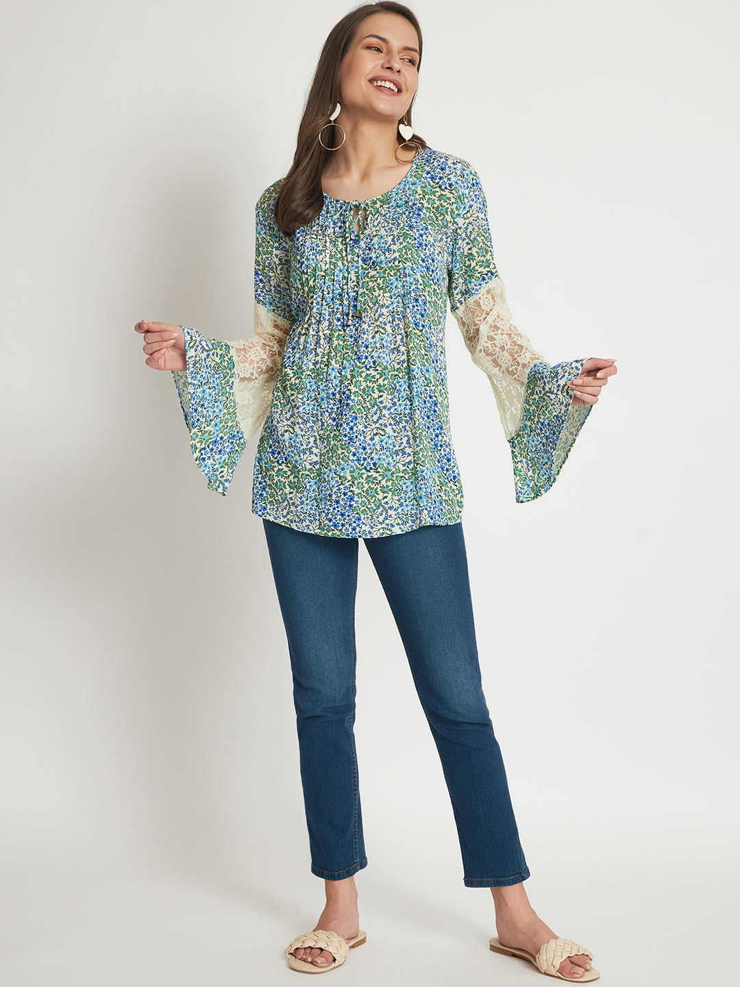Floral Printed Tie-Up Neck Bell Sleeve Pleated Top