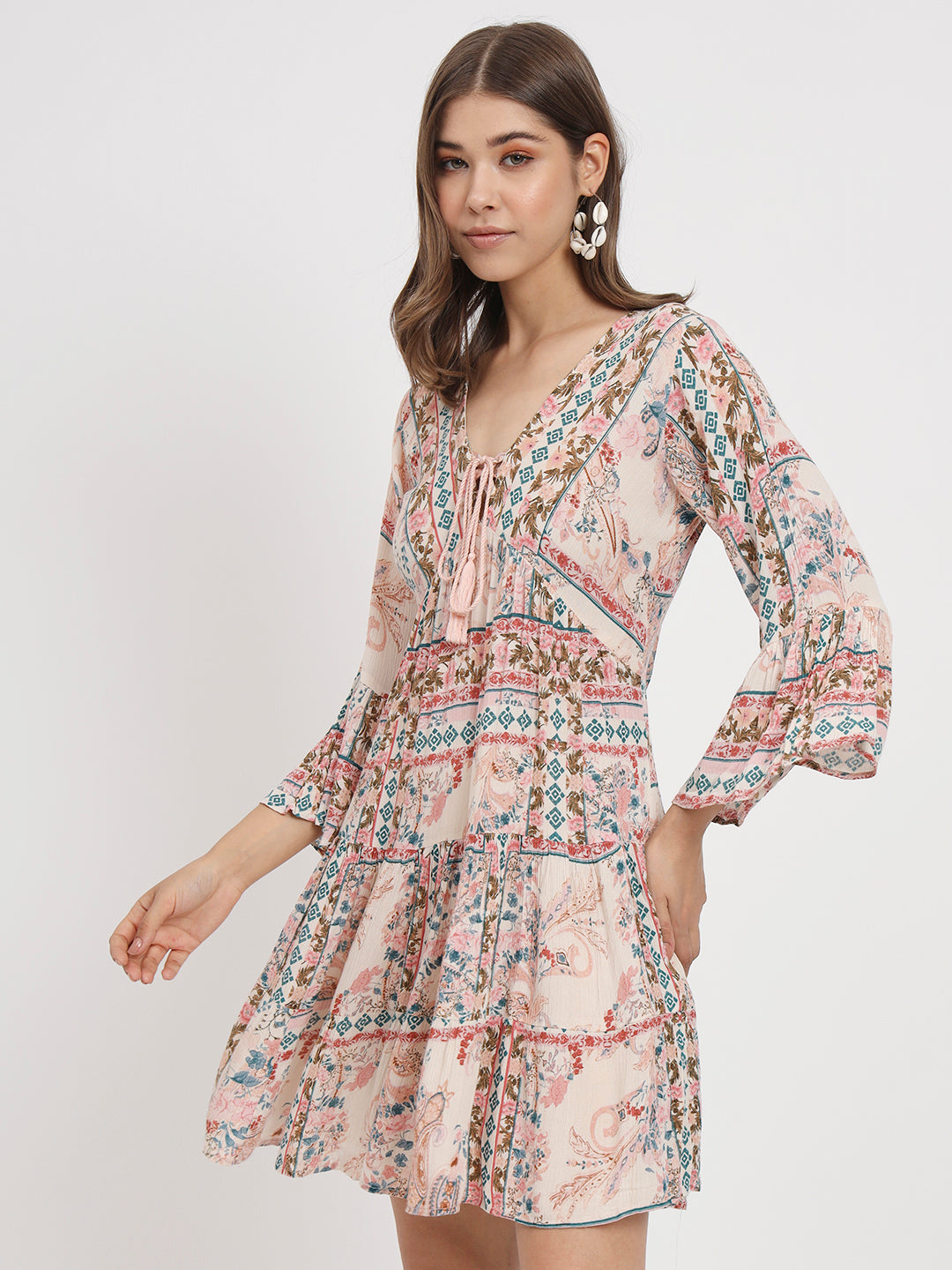 Floral Printed Tie-Up Neck Bell Sleeve Empire Dress