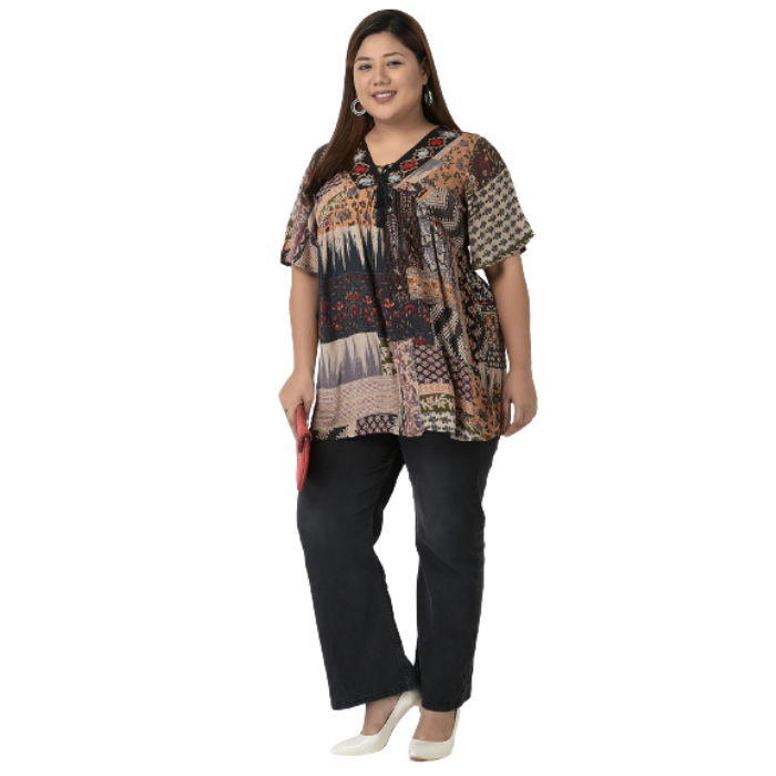 Longline Multicoloured Print Tie-Up Neck Top