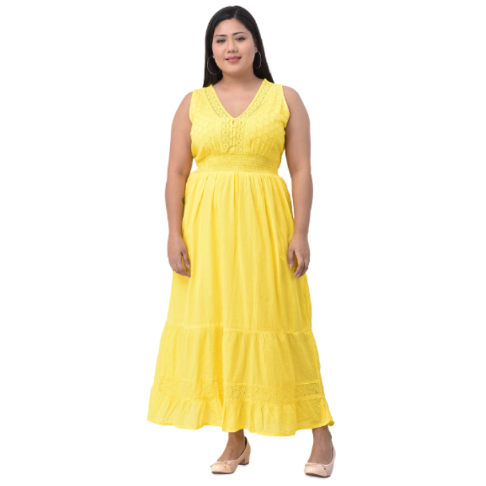 Women Yellow Embroidered Maxi Dress Plus Size