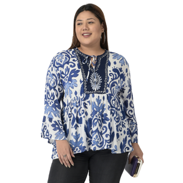 Women Plus size Blue Print Tie-Up Neck Top