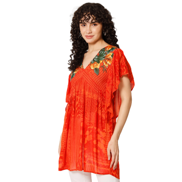 Print Flutter Sleeve Empire Longline Top