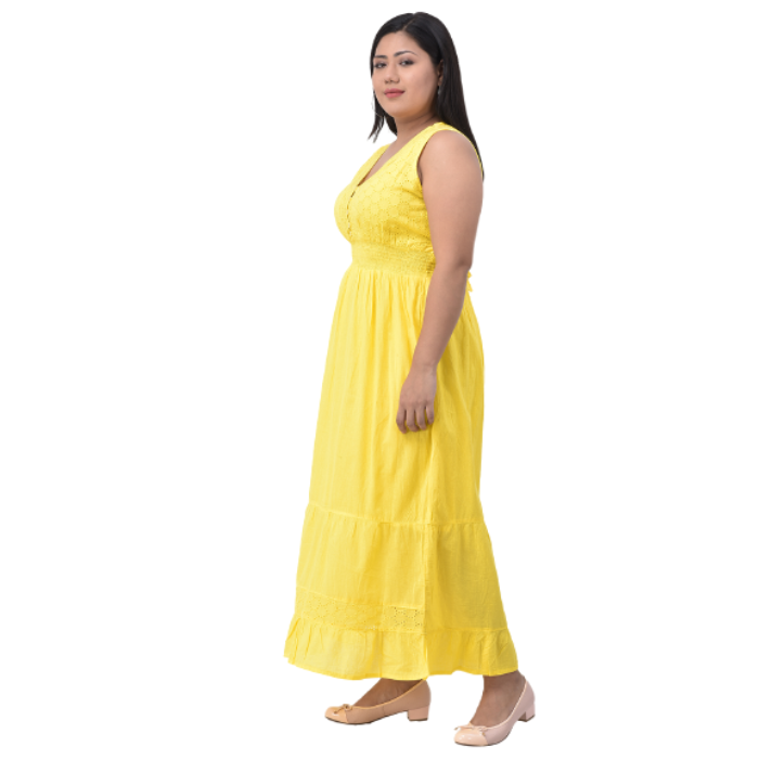 Women Yellow Embroidered Maxi Dress Plus Size