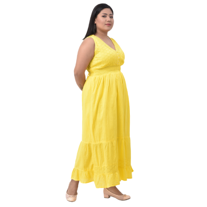 Women Yellow Embroidered Maxi Dress Plus Size