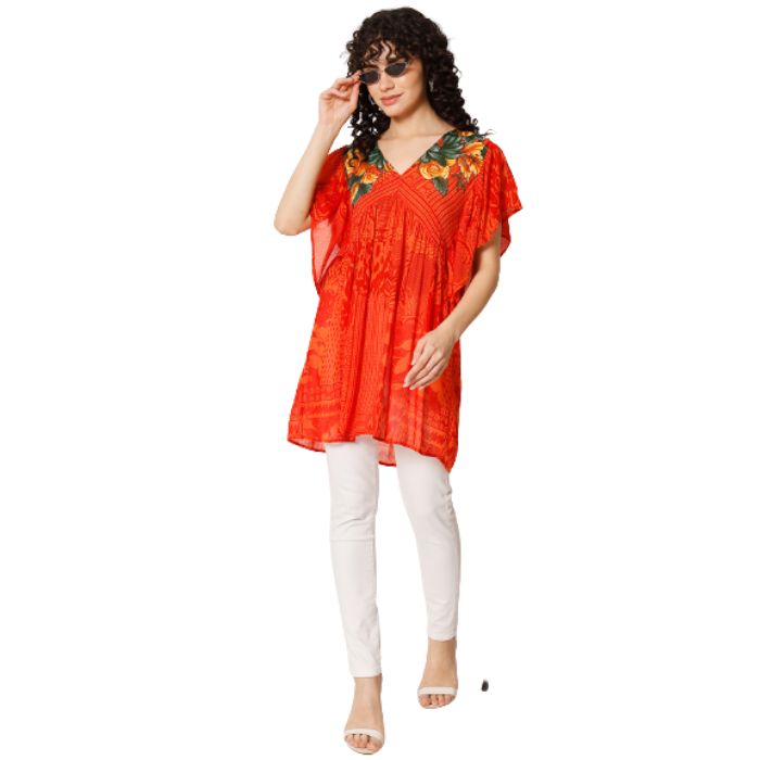 Print Flutter Sleeve Empire Longline Top