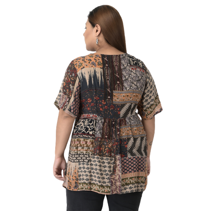 Longline Multicoloured Print Tie-Up Neck Top