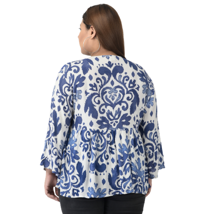 Women Plus size Blue Print Tie-Up Neck Top