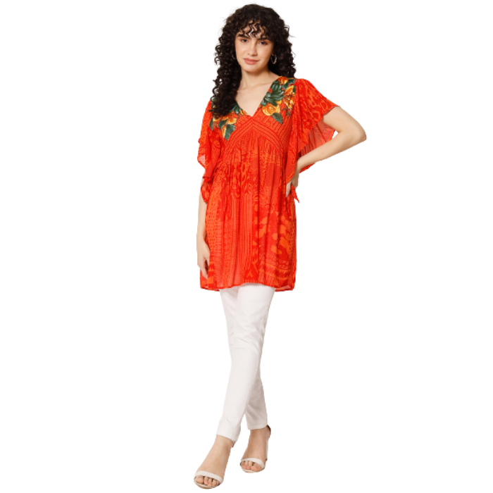 Print Flutter Sleeve Empire Longline Top