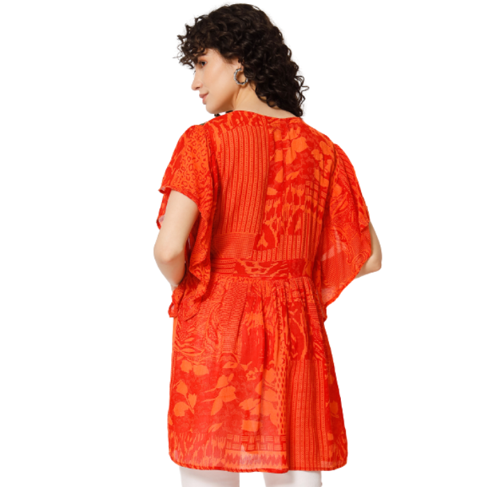Print Flutter Sleeve Empire Longline Top