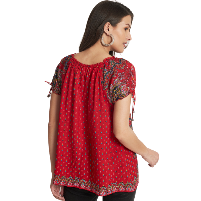 Ethnic Motifs Printed Tie-Up Neck Raglan Sleeves A-Line Top