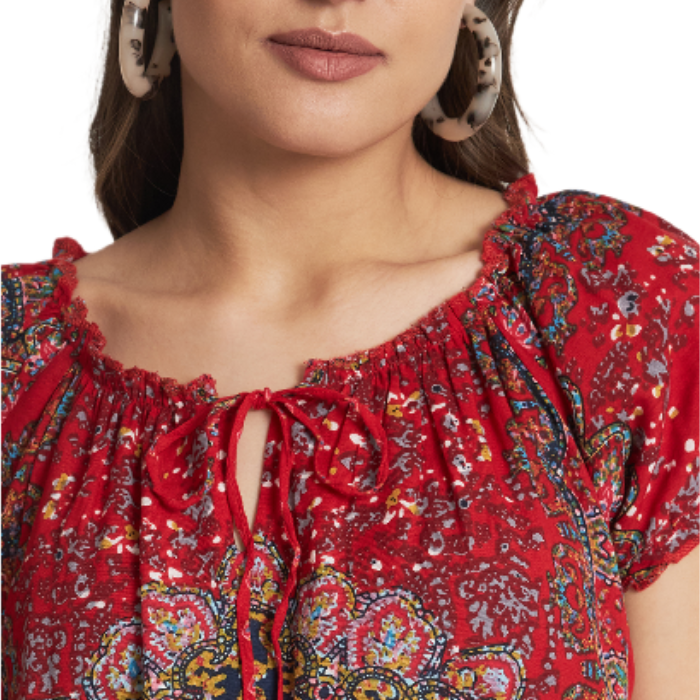Ethnic Motifs Printed Tie-Up Neck Raglan Sleeves A-Line Top