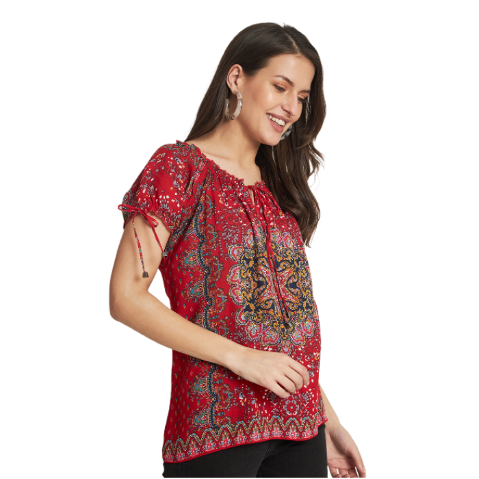 Ethnic Motifs Printed Tie-Up Neck Raglan Sleeves A-Line Top