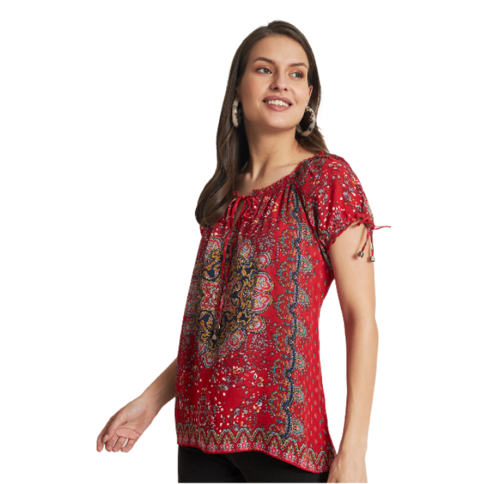 Ethnic Motifs Printed Tie-Up Neck Raglan Sleeves A-Line Top