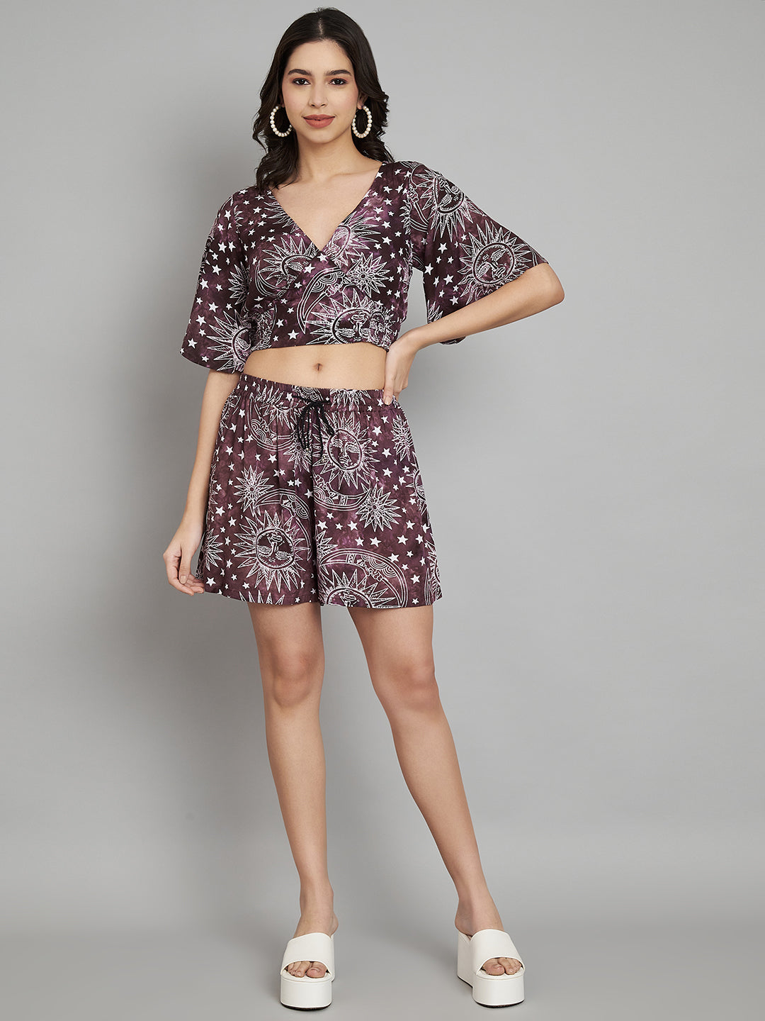 Women Print V-Neck Flared Sleeves Empire Top & Shorts Co-Ords