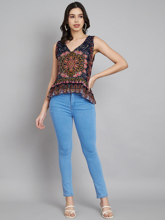 Floral Printed V-Neck High Low Top