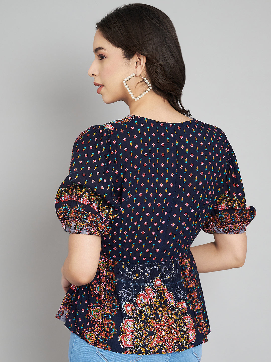 Ethnic Printed Puff Sleeves Empire Top