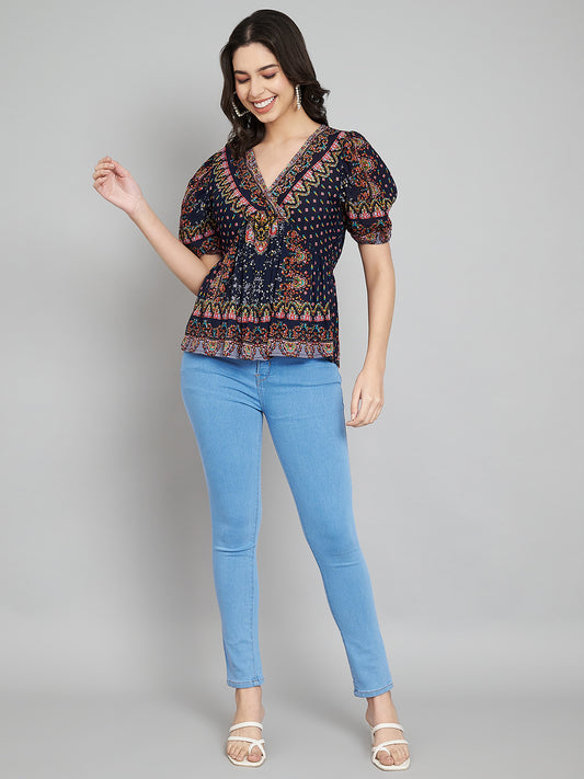 Ethnic Printed Puff Sleeves Empire Top