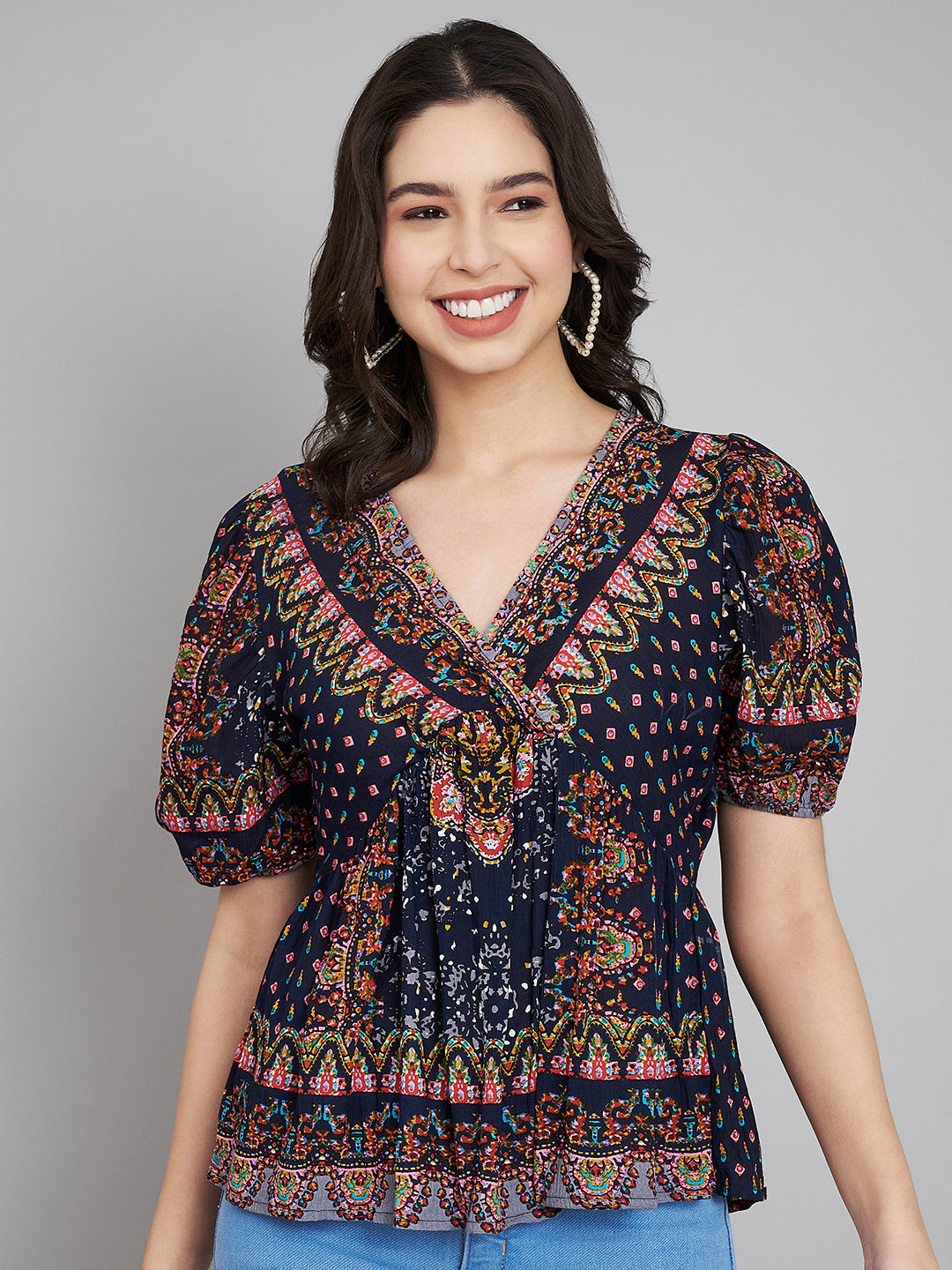 Ethnic Printed Puff Sleeves Empire Top