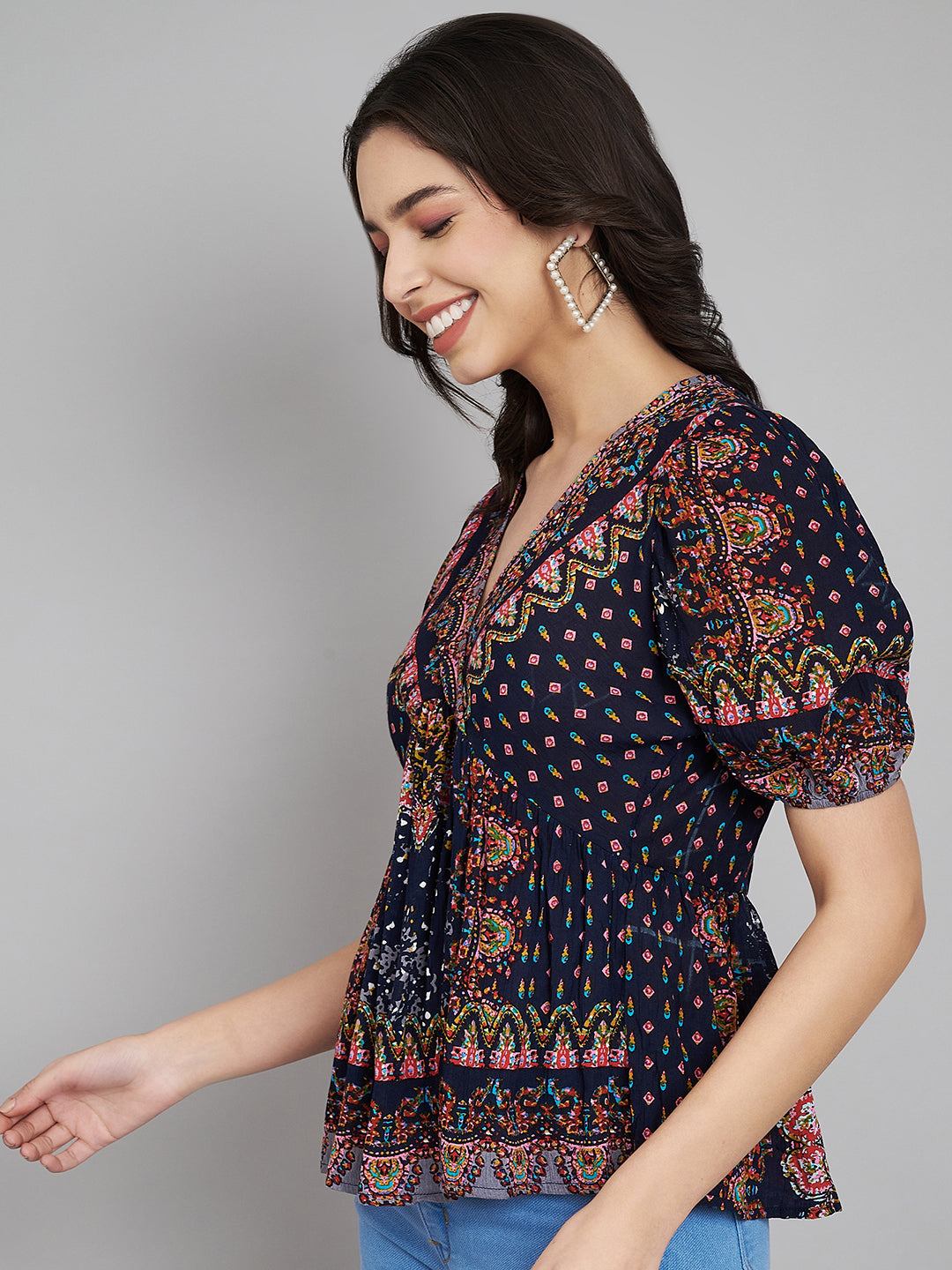 Ethnic Printed Puff Sleeves Empire Top