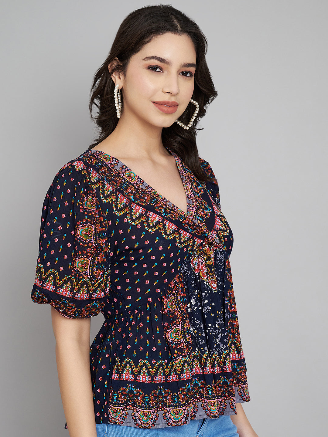 Ethnic Printed Puff Sleeves Empire Top