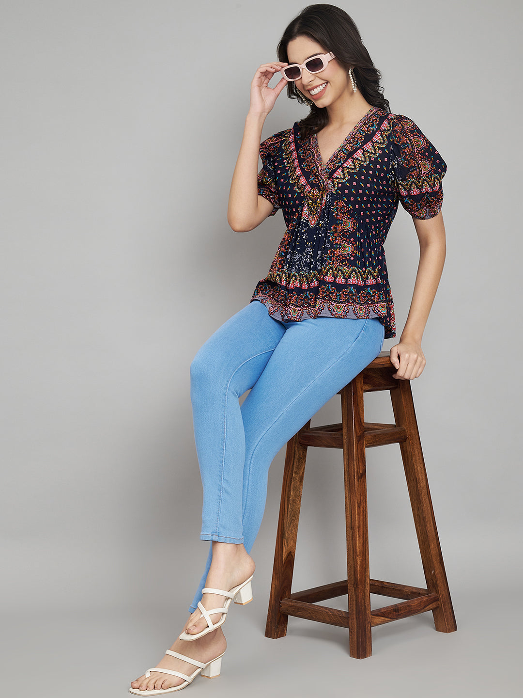 Ethnic Printed Puff Sleeves Empire Top