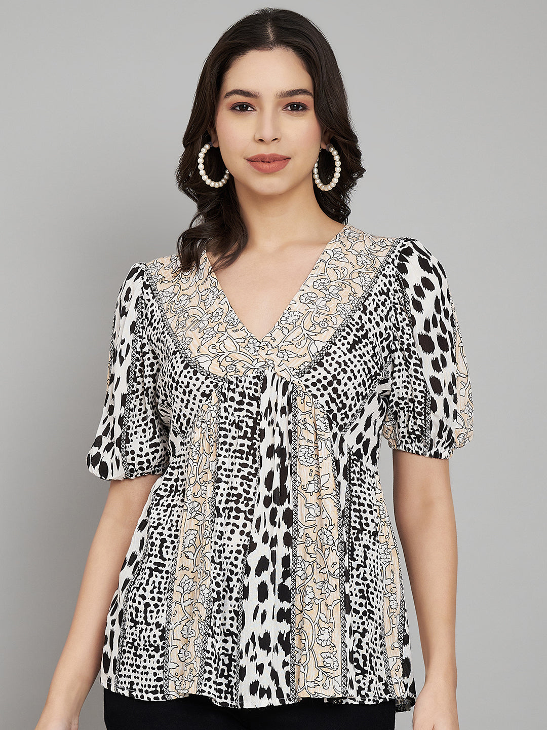 Animal Printed Puff Sleeves A-Line Top