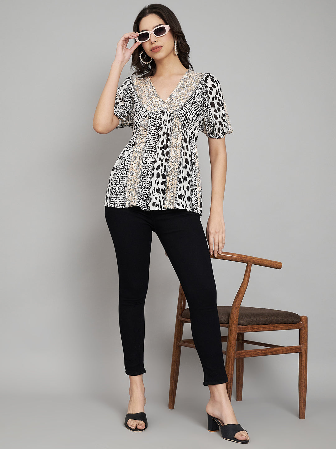 Animal Printed Puff Sleeves A-Line Top