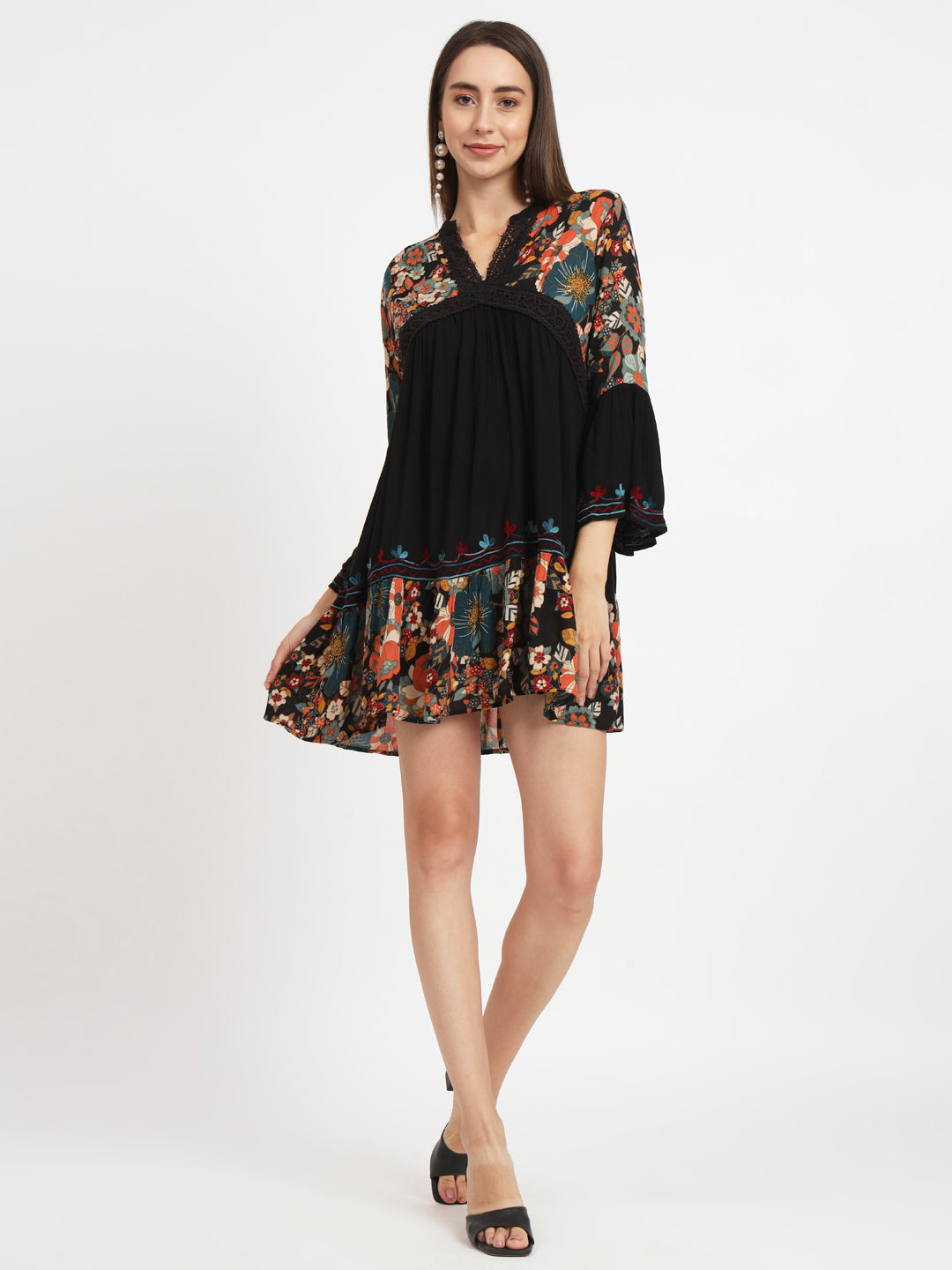 Floral Printed Lace Detail Empire Mini Dress