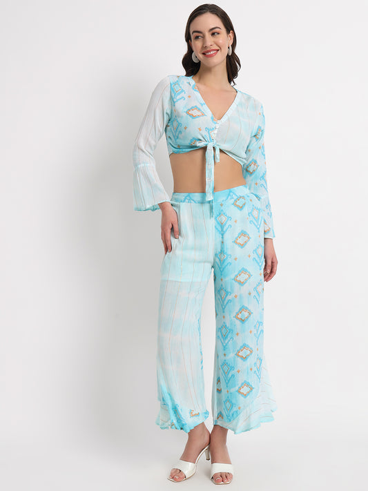 Printed V-Neck Crop Top With Mid-Rise Palazzos & Shrug Co-Ords Co-Ords