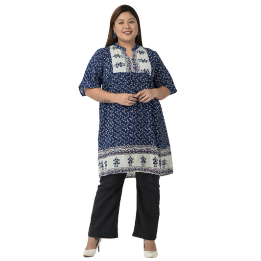 Plus-Size Blue & Off White Floral Printed Kurta