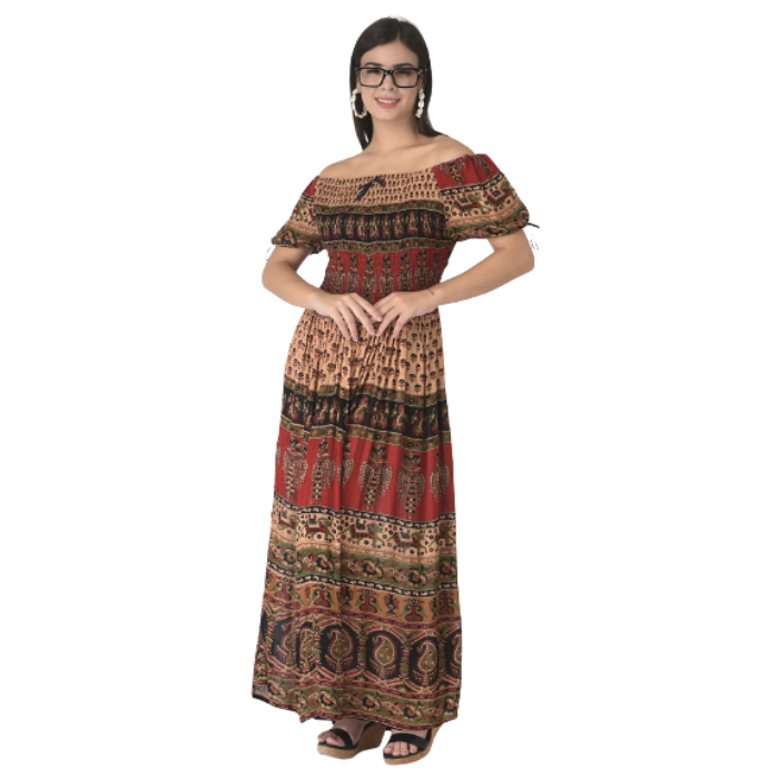 Women Maroon & Cream-Coloured Ethnic Motifs Maxi Dress