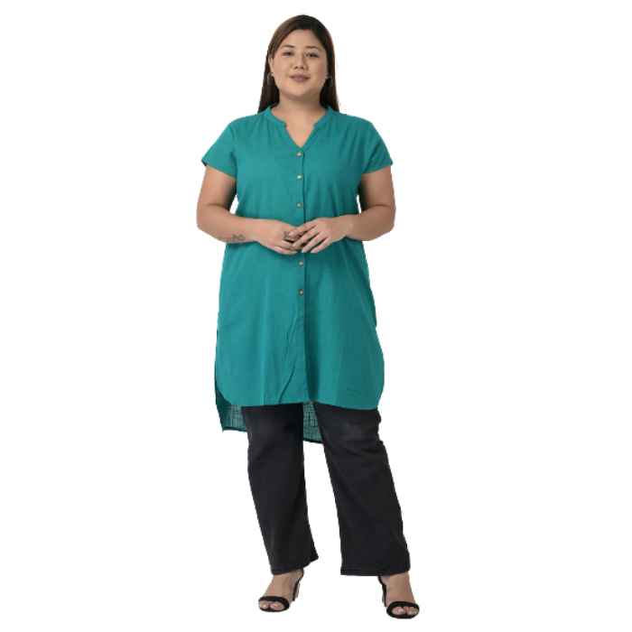 Women Teal Solid Cotton Kurta