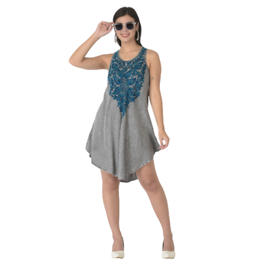 Women Grey & Teal Embroidered A-Line Dress