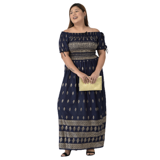 Navy Blue & Gold-Toned Ethnic Motifs Maxi Dress