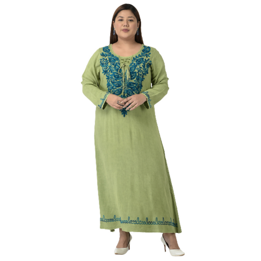 Women Green Floral Embroidered Maxi Dress