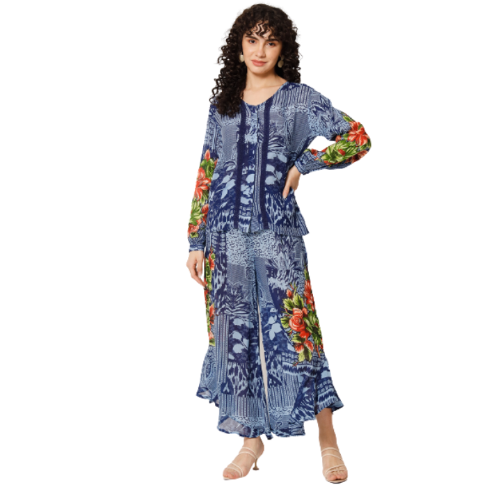 Ethnic Motifs Print Puff Sleeve co-ord set of 2