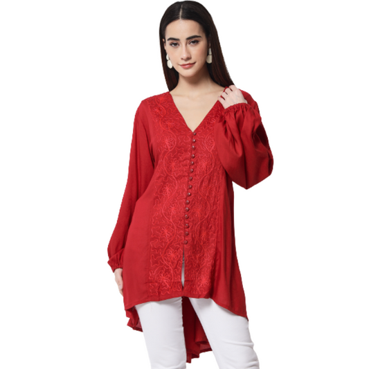 Women Red High-Low Longline Top