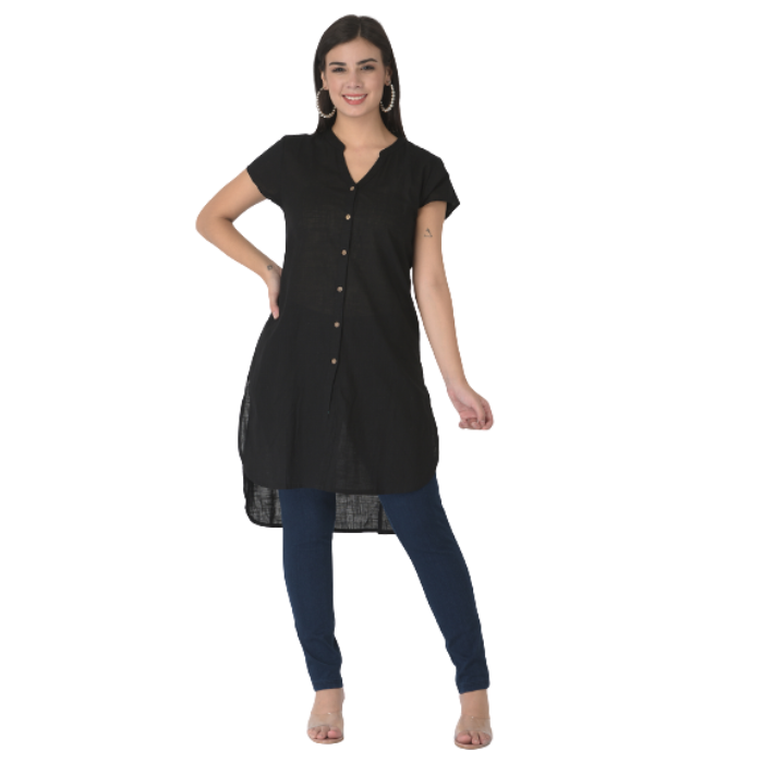 Black Mandarin Collar Shirt Style Longline Top