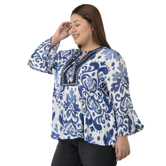 Women Plus size Blue Print Tie-Up Neck Top