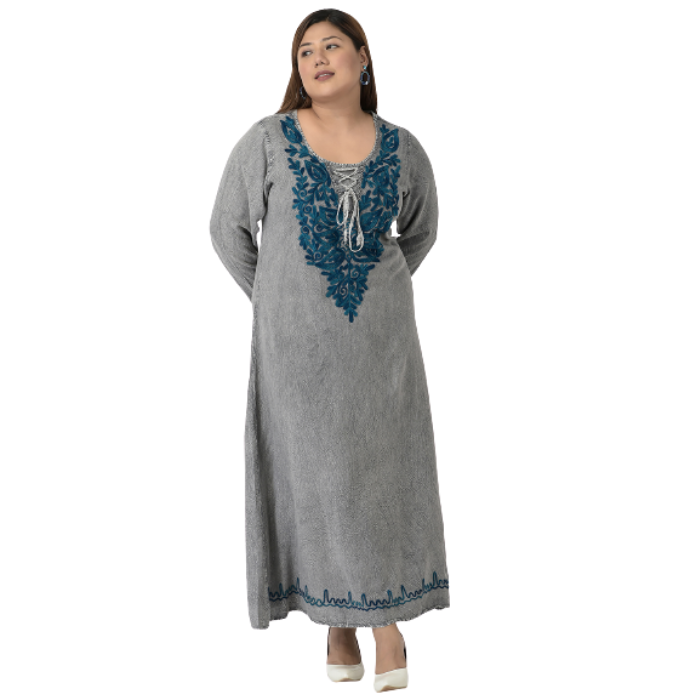 Women Grey & Blue Floral Embroidered Maxi Dress