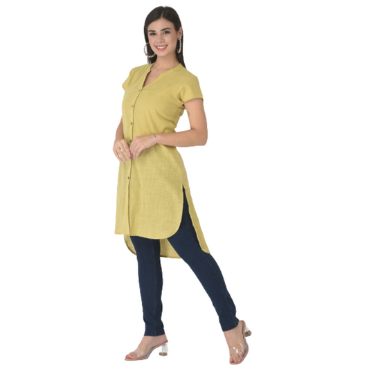 Yellow Mandarin Collar Shirt Style Longline Top