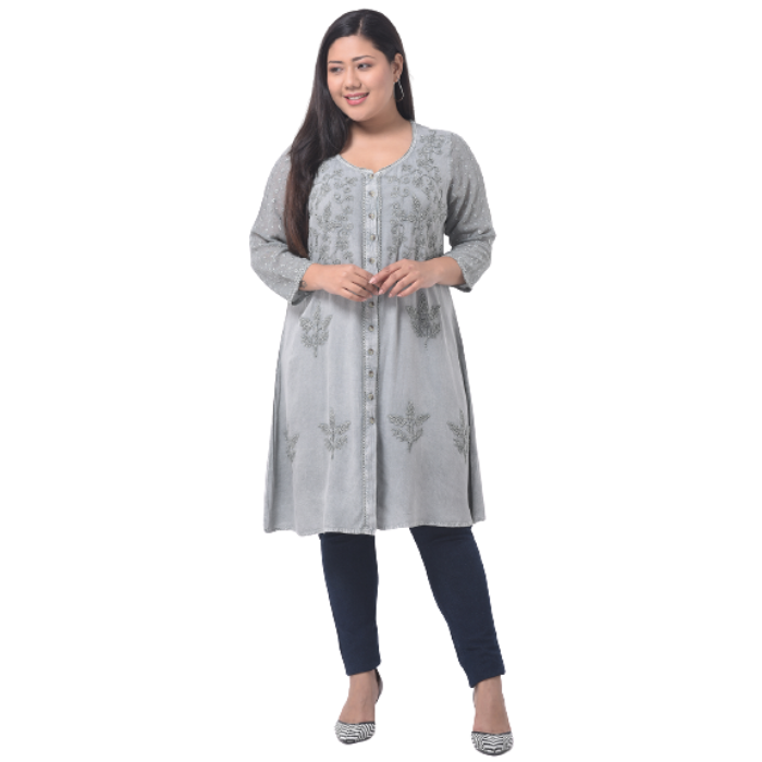 Grey Floral Embroidered Longline Top Plus Size