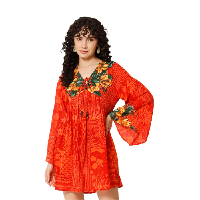 Orange Floral Print Longline Dress