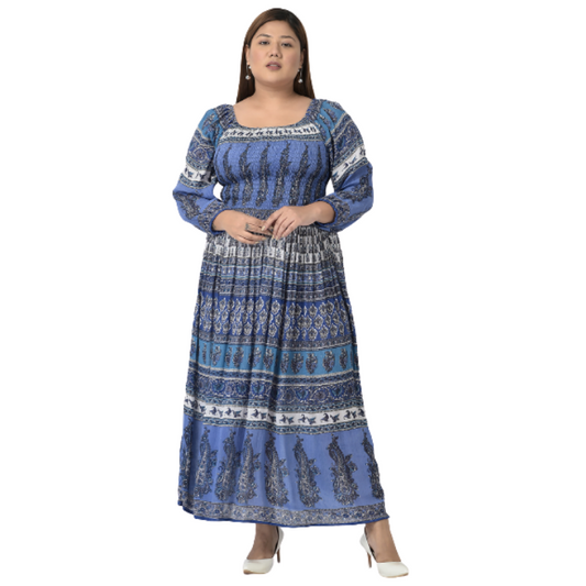 Blue Ethnic Printed Long Sleeves Maxi Dress