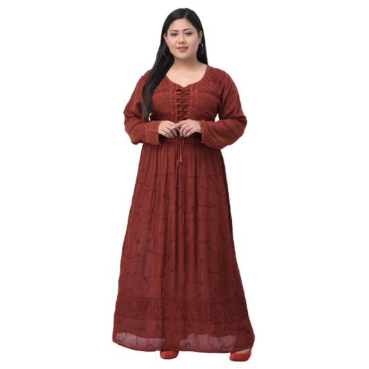 Plus Size Maroon Embroidered Maxi Dress