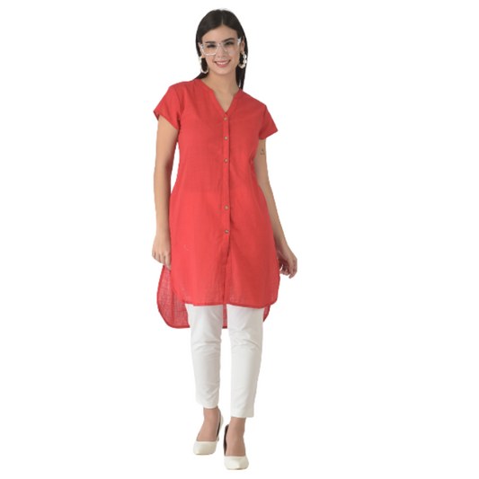 Red Mandarin Collar Shirt Style Longline Top