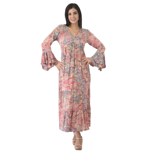 Pink & Blue Floral Maxi Rayon Dress